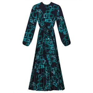 COCO DE LA‎ MOUR PRINTED SATIN ACCORDION PLEATED DRESS in Navy /Green - Size Med